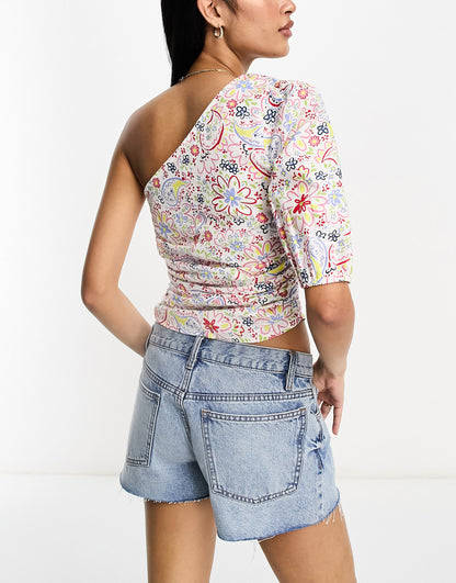 ASOS DESIGN one shoulder festival top with ruched side in paisley print