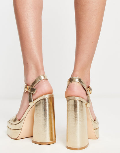 New Look double platform square toe heeled sandals in gold