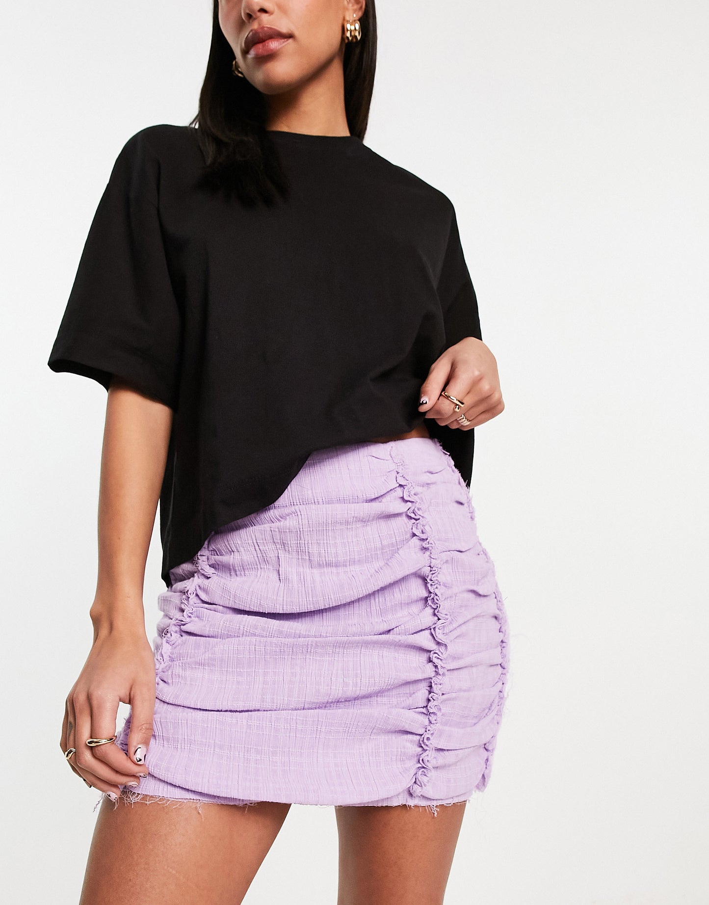 ASOS DESIGN ruched mini skirt with raw edges in lilac