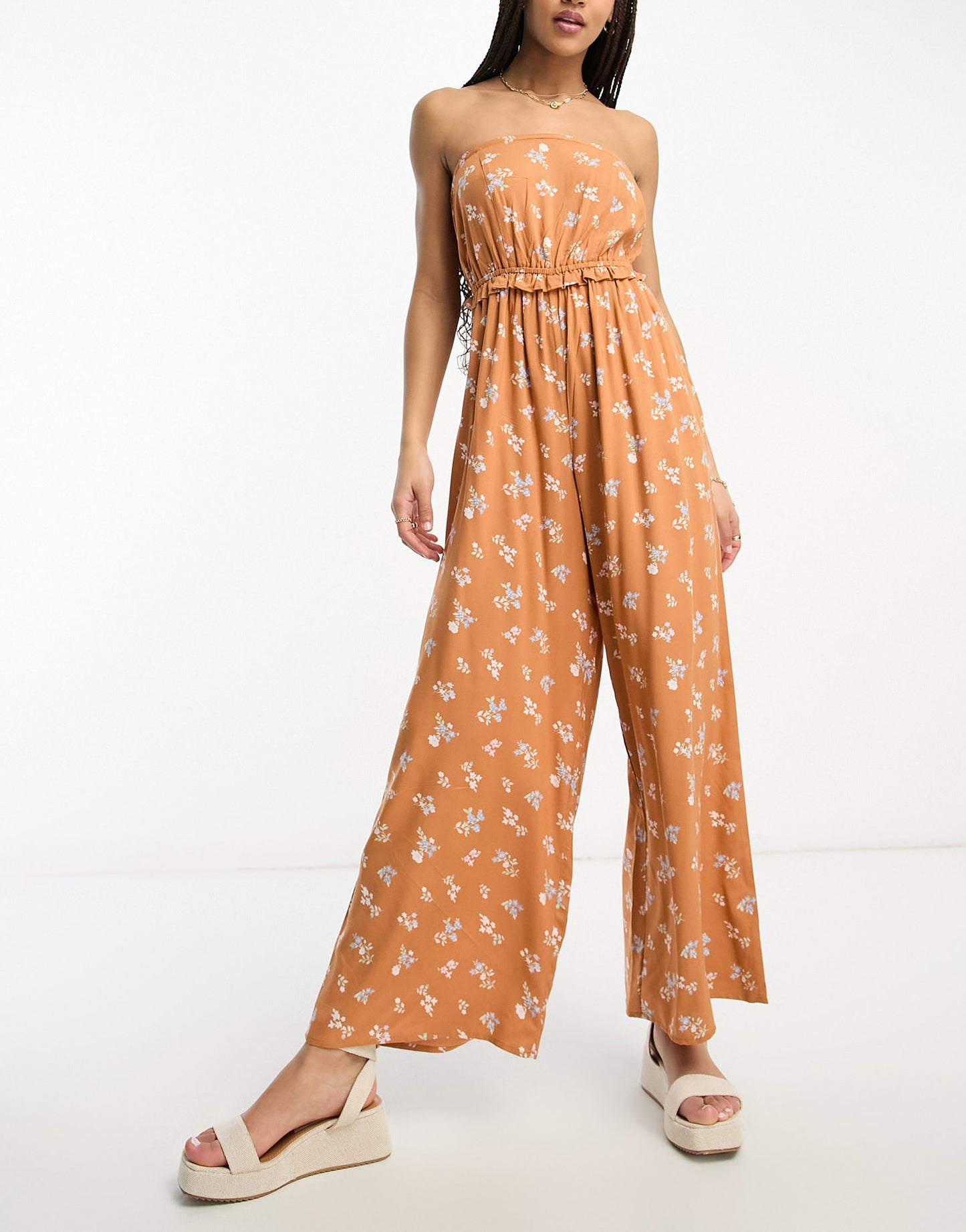 ASOS DESIGN frill bandeau jumpsuit in rust floral