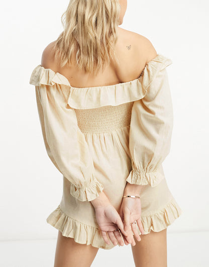 ASOS DESIGN linen look shirred bodice playsuit with bardot long sleeve in oatmeal