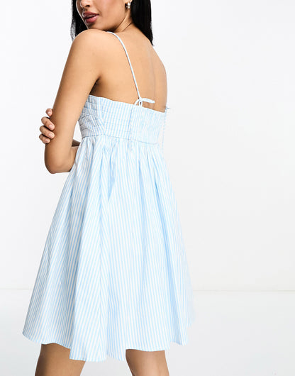 ASOS DESIGN cotton pleat bust babydoll mini sundress in blue stripe