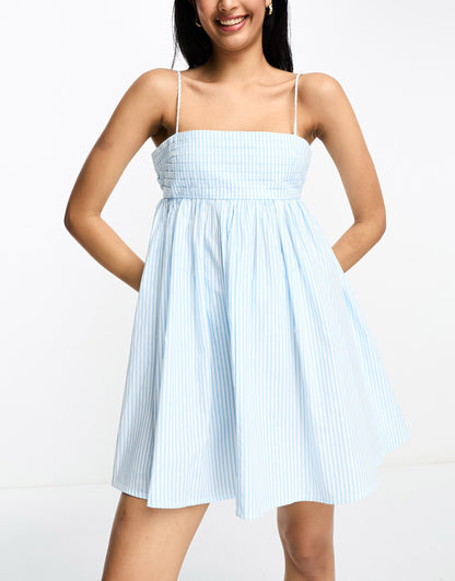 ASOS DESIGN cotton pleat bust babydoll mini sundress in blue stripe