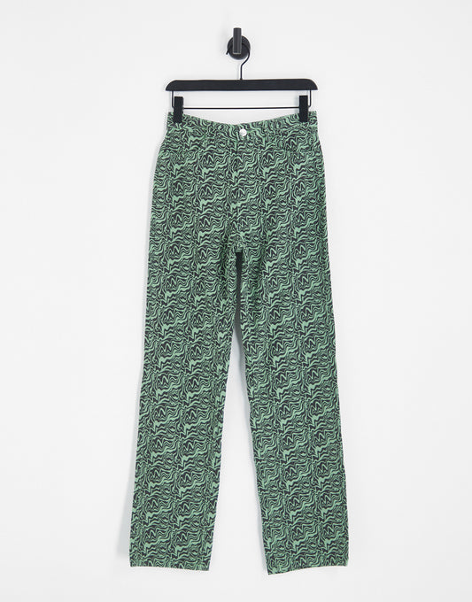 Monki twill trousers in green swirl