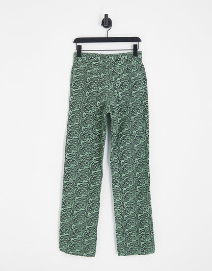 Monki twill trousers in green swirl