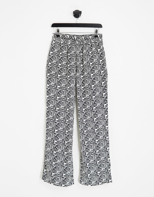 Monki straight leg drawstring trousers in black and white swirl