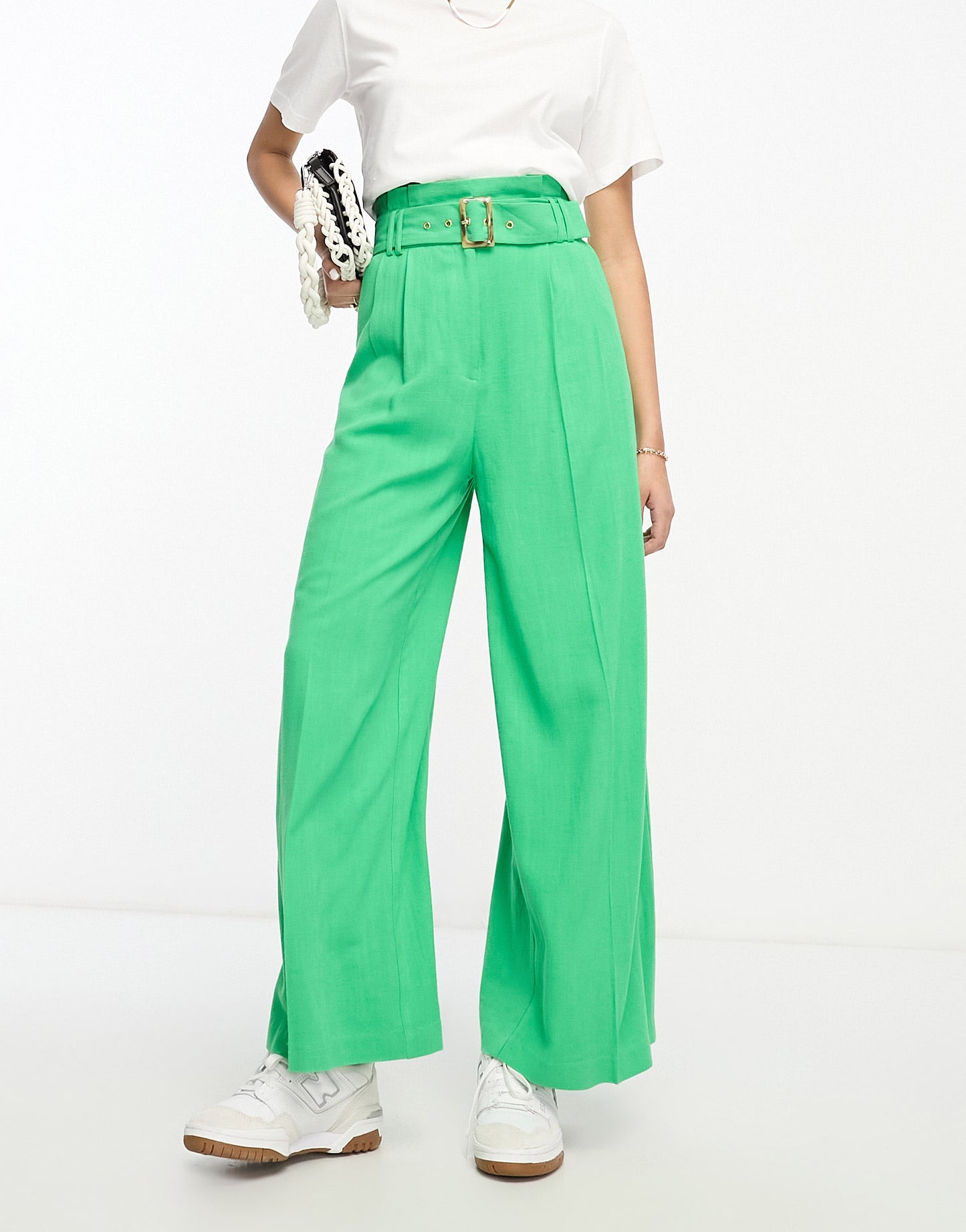 ASOS DESIGN paperbag waist wide leg trouser with linen in green