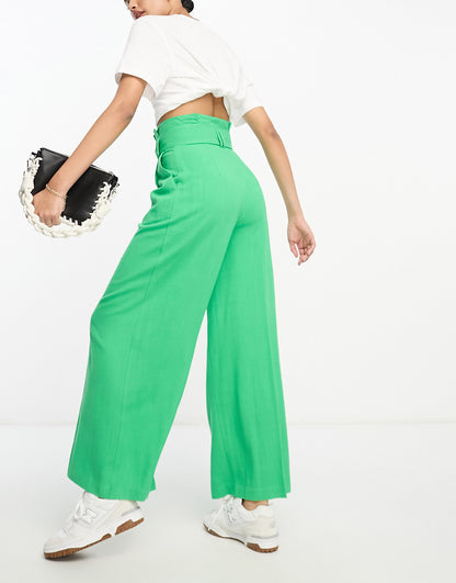 ASOS DESIGN paperbag waist wide leg trouser with linen in green