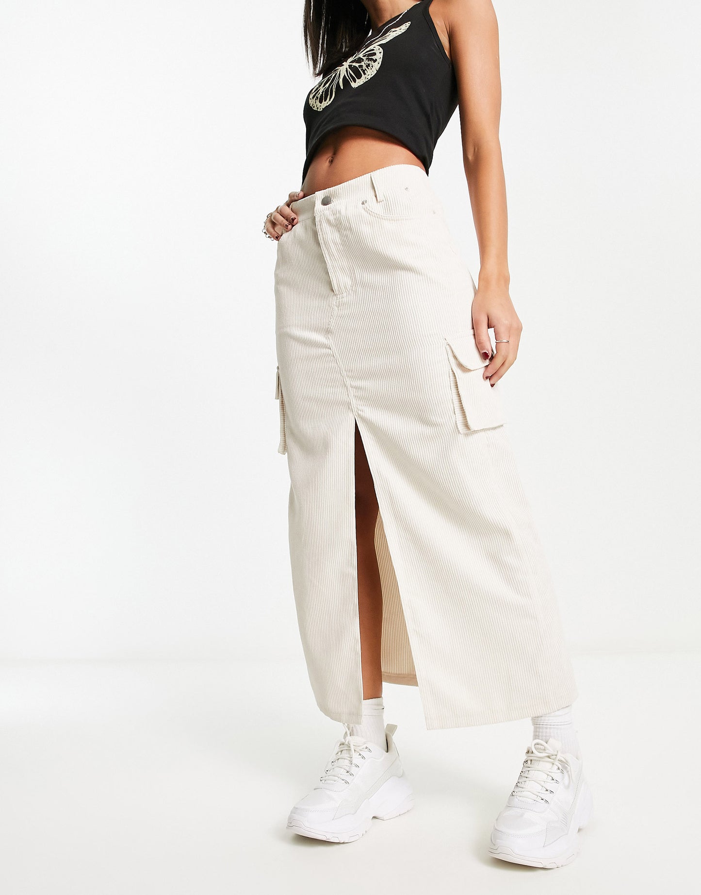 Daisy Street maxi utility skirt in stone corduroy