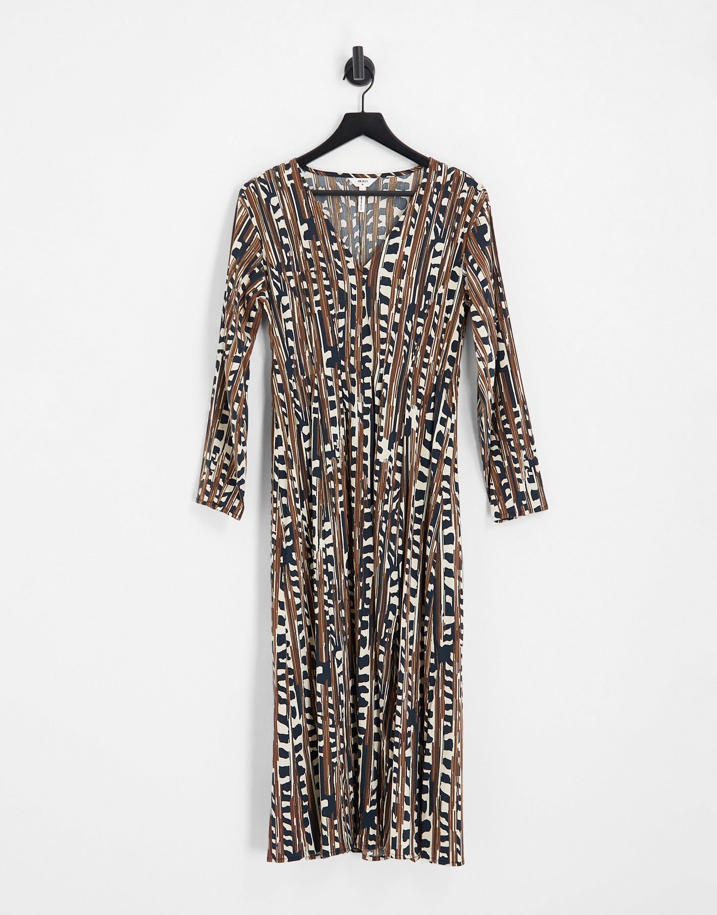 Object long sleeve midi dress in brown abstract print