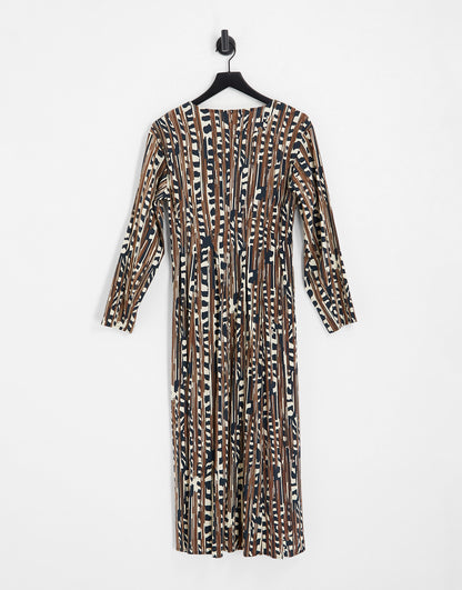 Object long sleeve midi dress in brown abstract print