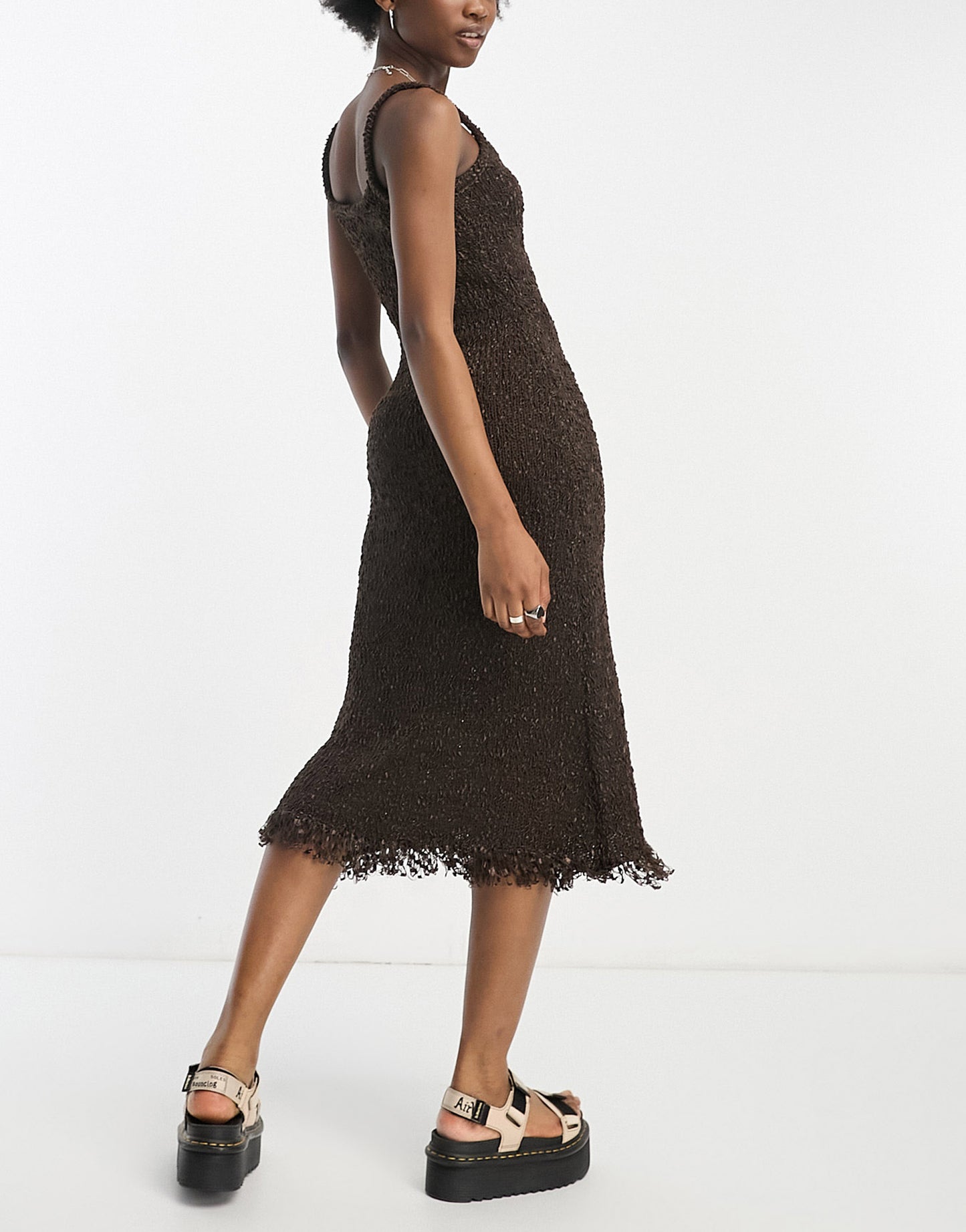 COLLUSION knitted midi dress with fringing detail in chocolate brown