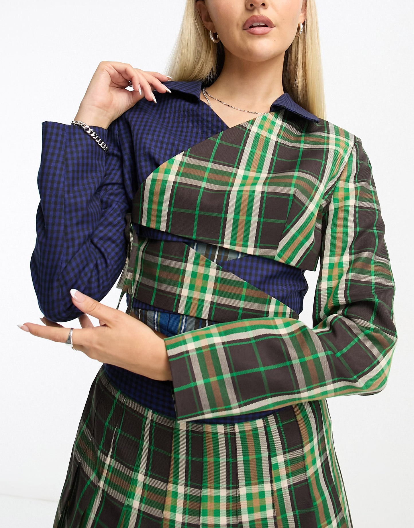 COLLUSION spliced check cropped blazer with wrap detail in multi