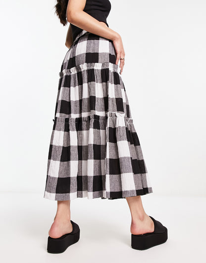 ASOS DESIGN tiered midi skirt in mono gingham