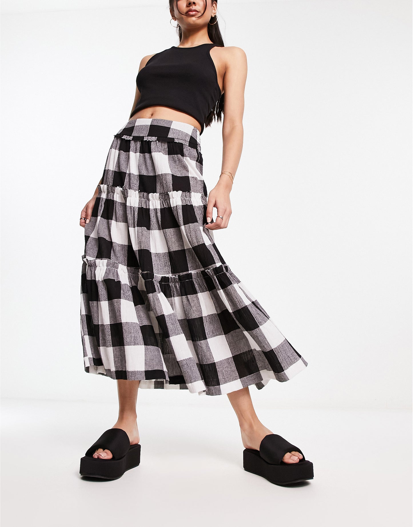 ASOS DESIGN tiered midi skirt in mono gingham