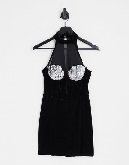 Bershka velvet mini dress with sequin trims in black