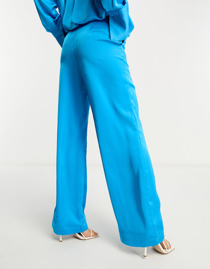 4th & Reckless satin wide leg trouser co-ord in electric blue