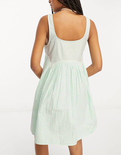 ASOS DESIGN square neck mini seersucker dress in mixed gingham print