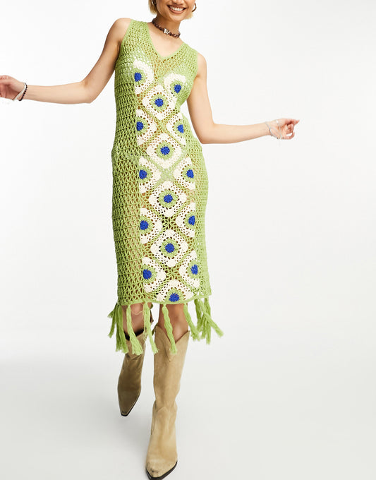 Reclaimed Vintage limited edition crochet midi dress in green