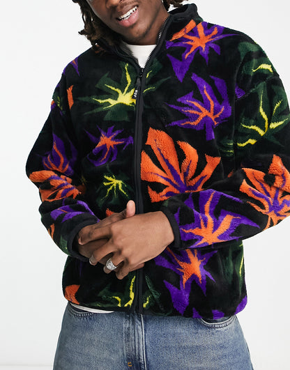 HUF lowell co-ord jacquard sherpa zip jacket in black with all over leaf print