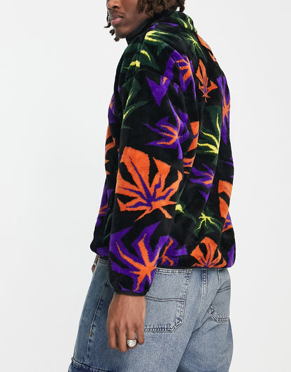 HUF lowell co-ord jacquard sherpa zip jacket in black with all over leaf print