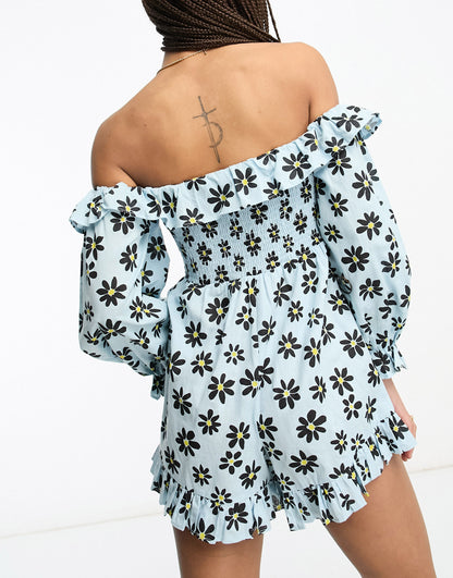 ASOS DESIGN linen look shirred bodice playsuit with bardot long sleeve in daisy print