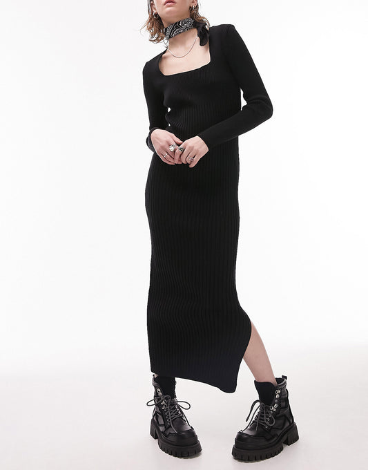 Topshop knitted square neck multi rib dress in black