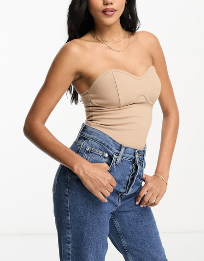 ASOS DESIGN Hourglass long line chunky rib bandeau top with bust seam detail in camel