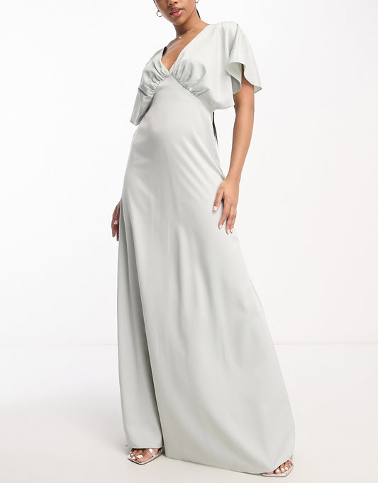 Maya Bridesmaid cape sleeve satin maxi dress in pale grey