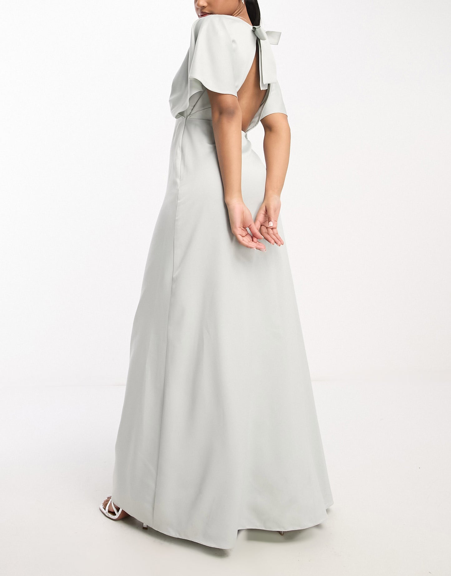 Maya Bridesmaid cape sleeve satin maxi dress in pale grey