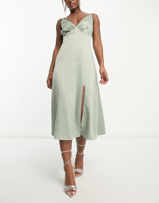 Maya Bridesmaid satin midi dress with split in sage green