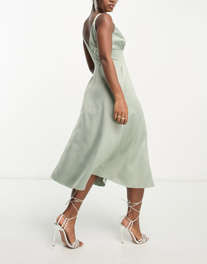 Maya Bridesmaid satin midi dress with split in sage green