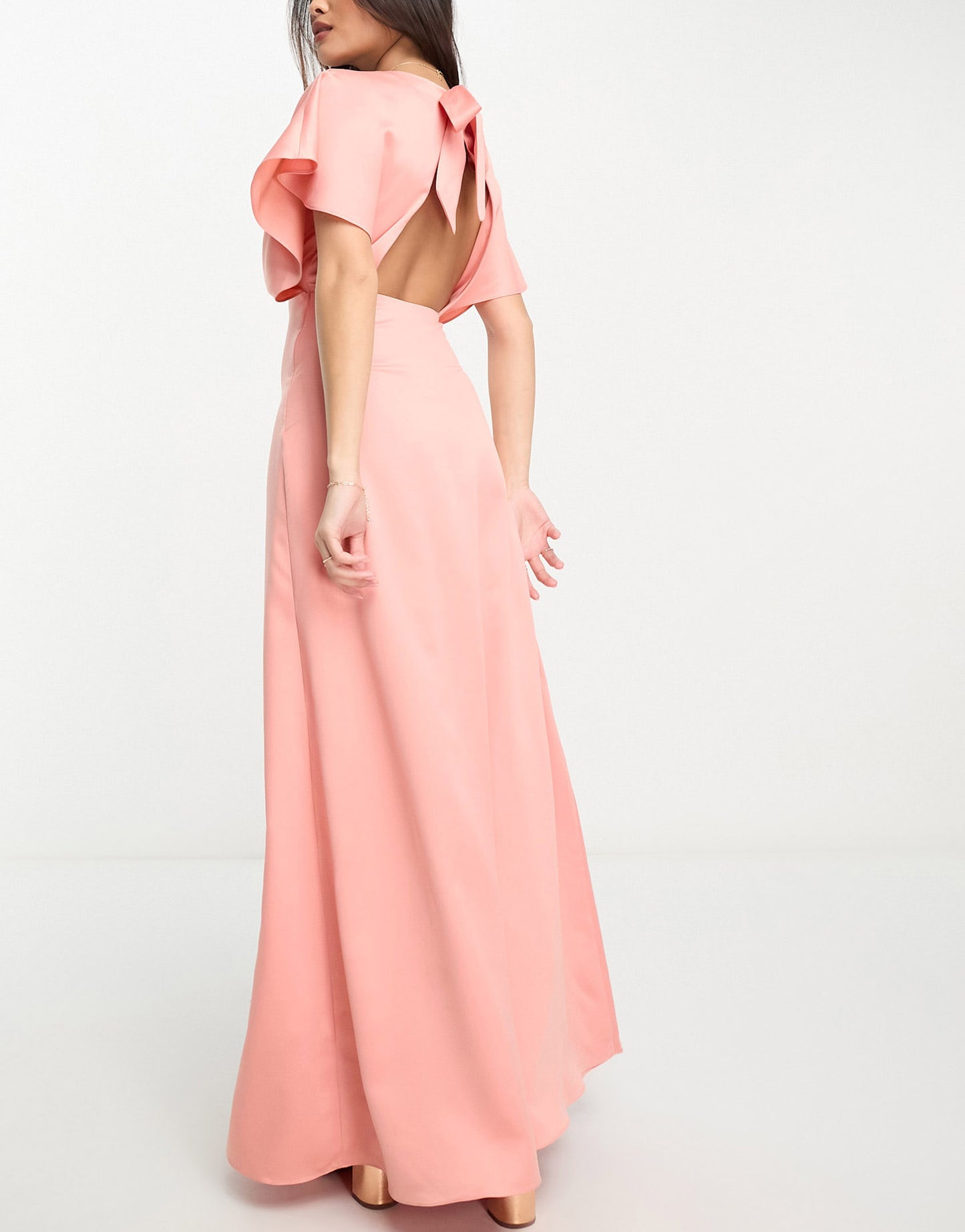 Maya Petite Bridesmaid cape sleeve maxi dress in terracotta satin