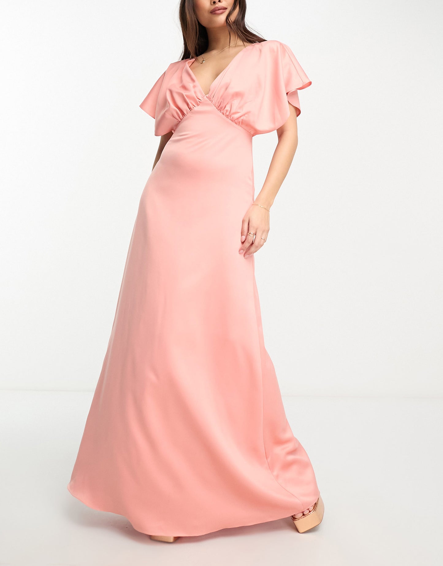 Maya Petite Bridesmaid cape sleeve maxi dress in terracotta satin