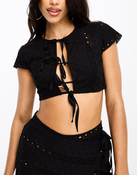 ASOS DESIGN broderie beach crop top co-ord with keyhole detail in black