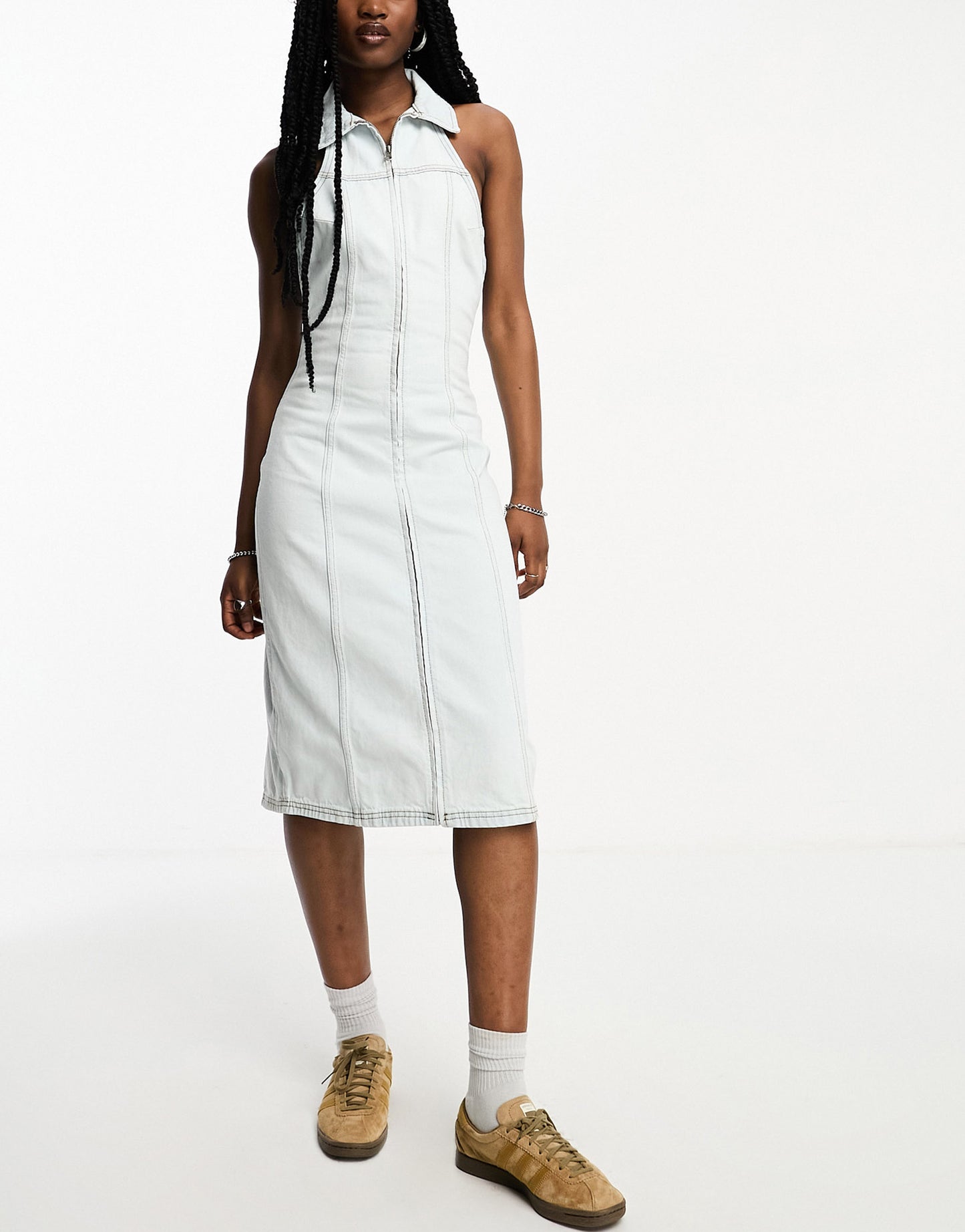 COLLUSION denim midi halterneck dress in bleach blue