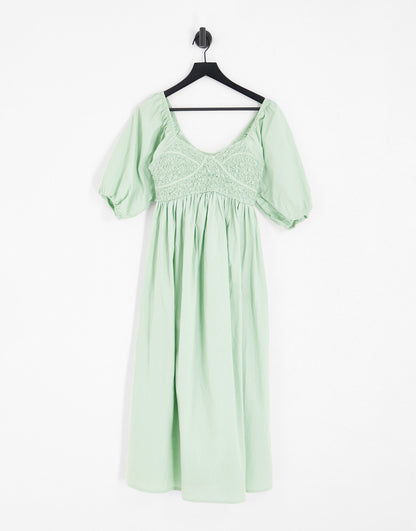 ASOS DESIGN cotton shirred corset midi dress in sage green