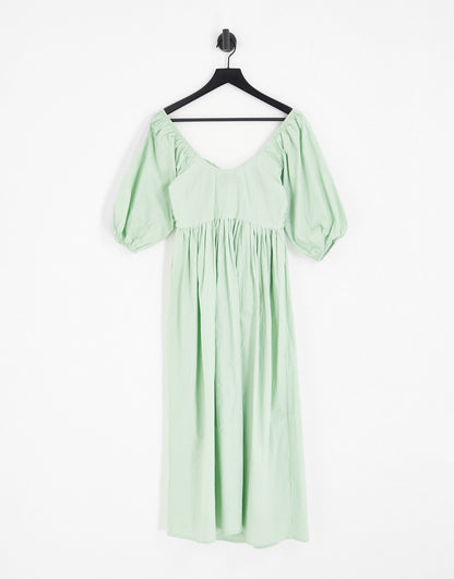 ASOS DESIGN cotton shirred corset midi dress in sage green