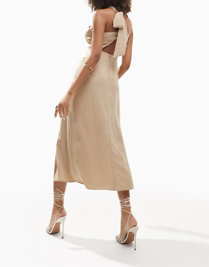 ASOS DESIGN washed one shoulder halterneck midi dress with cut out detail in stone