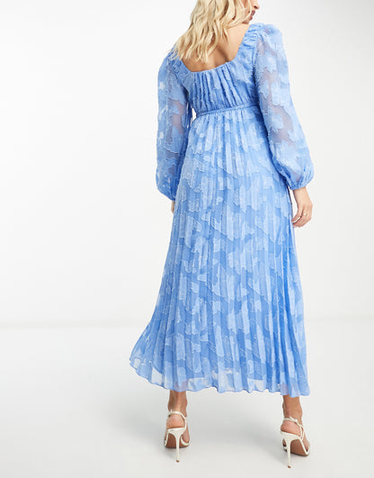 ASOS DESIGN Maternity sweetheart neckline burnout pleated midi dress in cornflower blue