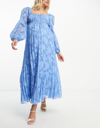 ASOS DESIGN Maternity sweetheart neckline burnout pleated midi dress in cornflower blue