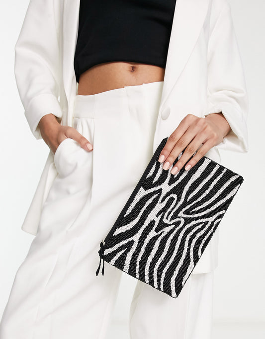 True Decadence zip top beaded clutch bag in zebra print