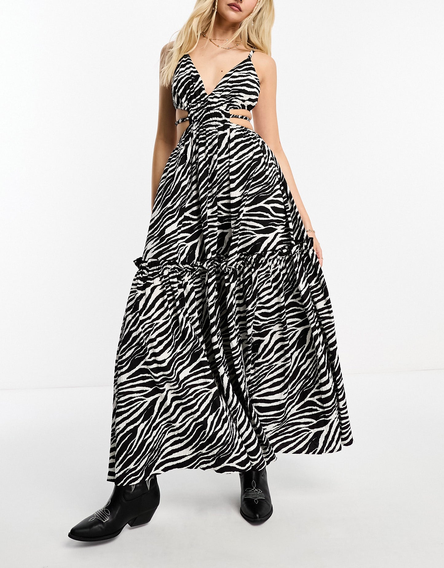 Miss Selfridge textured festival cut out strappy maxi dress in mono zebra