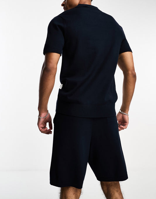 Selected Homme knitted short co-ord with drawstring waist in navy