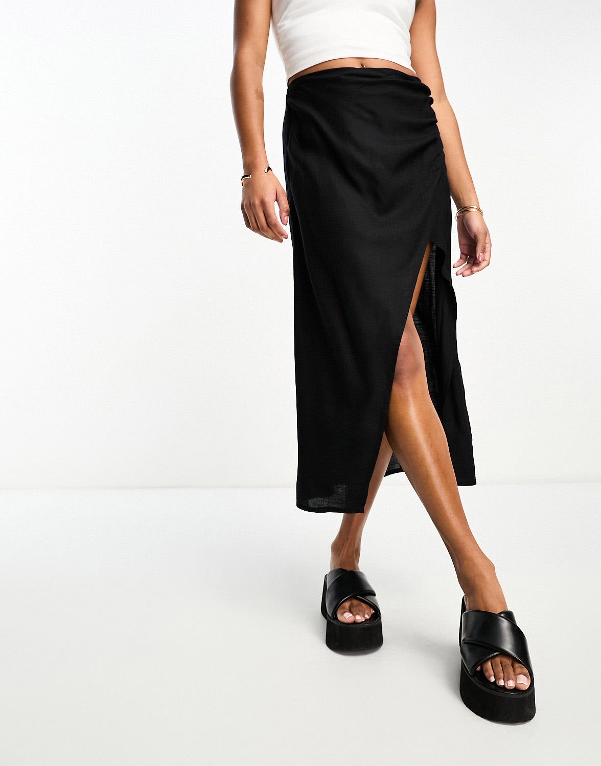 ASOS DESIGN Petite ruched side midi skirt in black