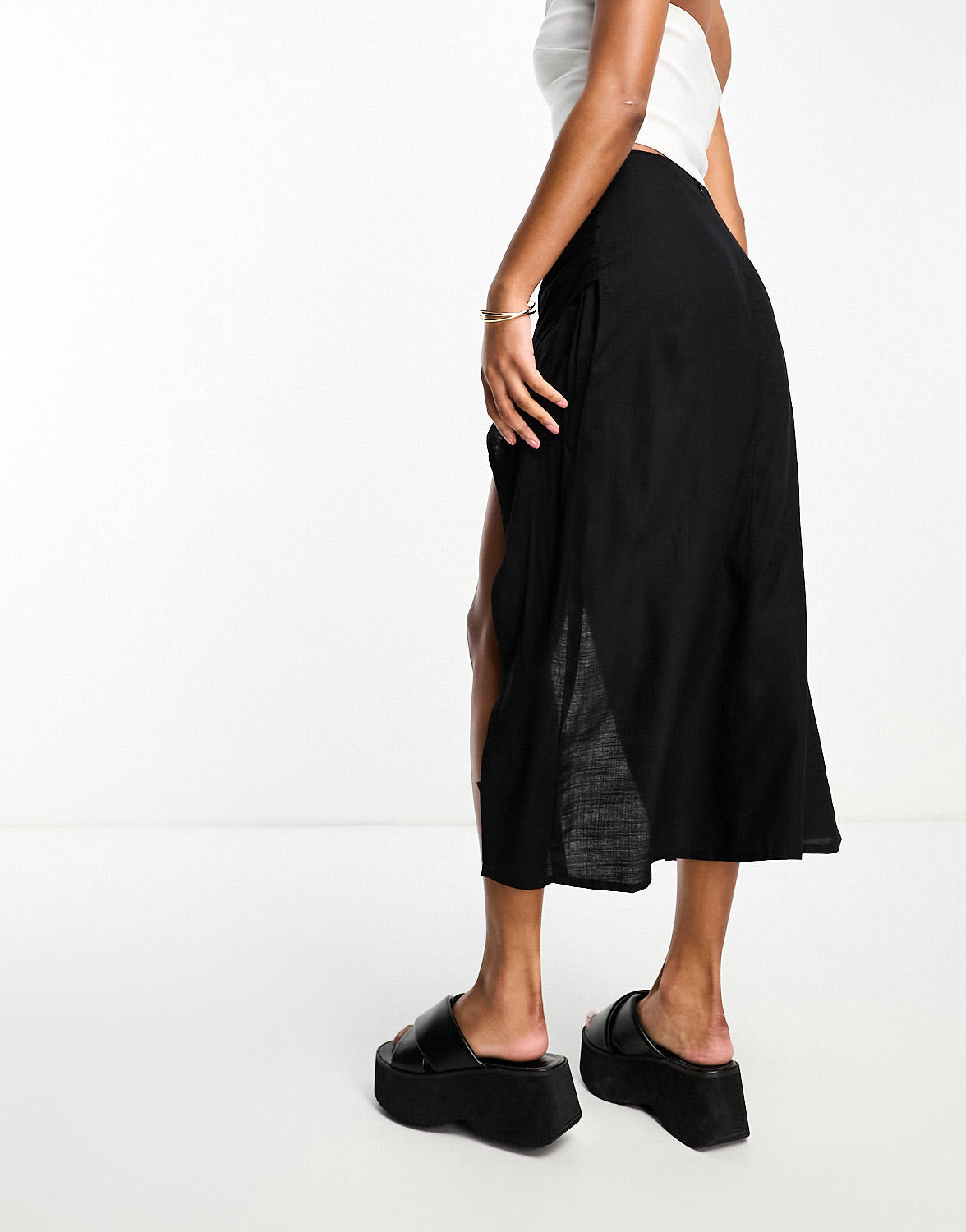 ASOS DESIGN Petite ruched side midi skirt in black