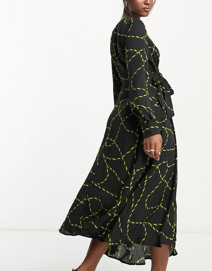 Urban Revivo long sleeve abstract print midi dress in black