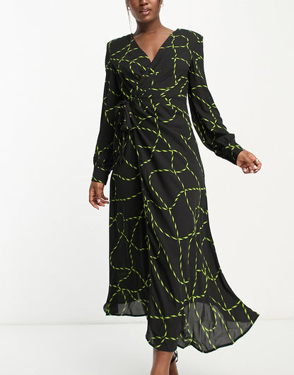 Urban Revivo long sleeve abstract print midi dress in black