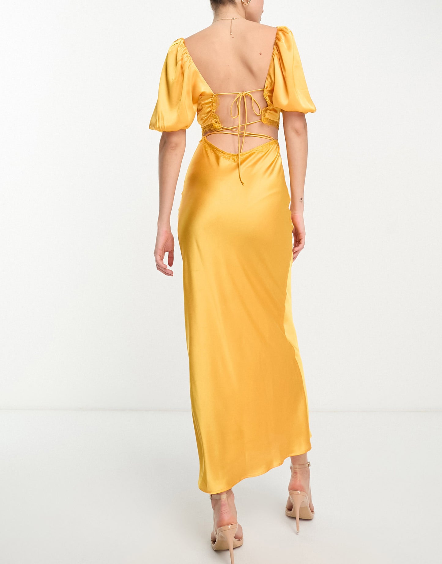 ASOS DESIGN Tall satin milkmaid lace trim maxi dress with strappy back in gold