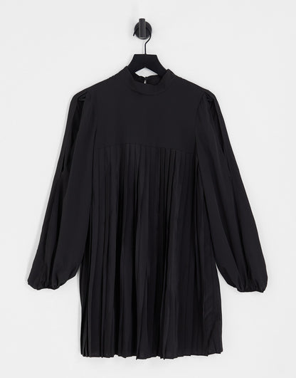 ASOS DESIGN high neck pleated trapeze mini dress with split sleeves in black